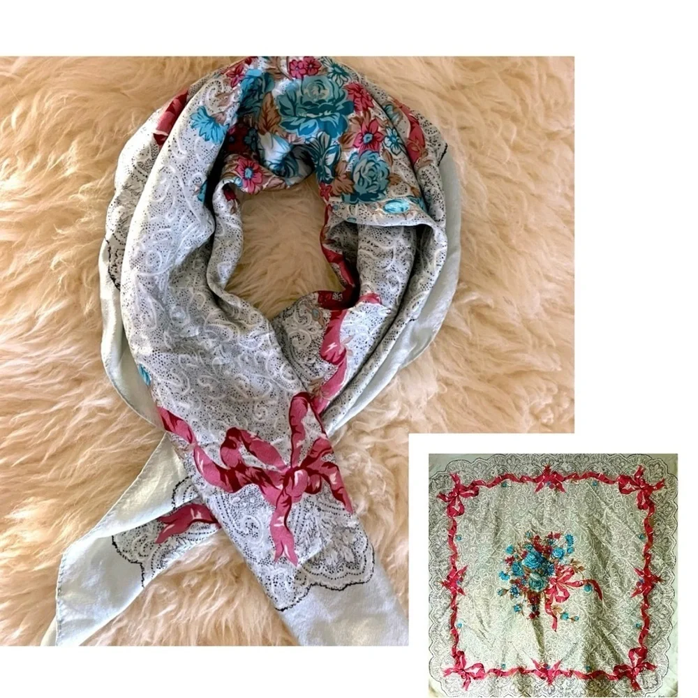 Silk Baby Blue Rose/ Pink Ribbon Paisley Scarf Vintage 80’s